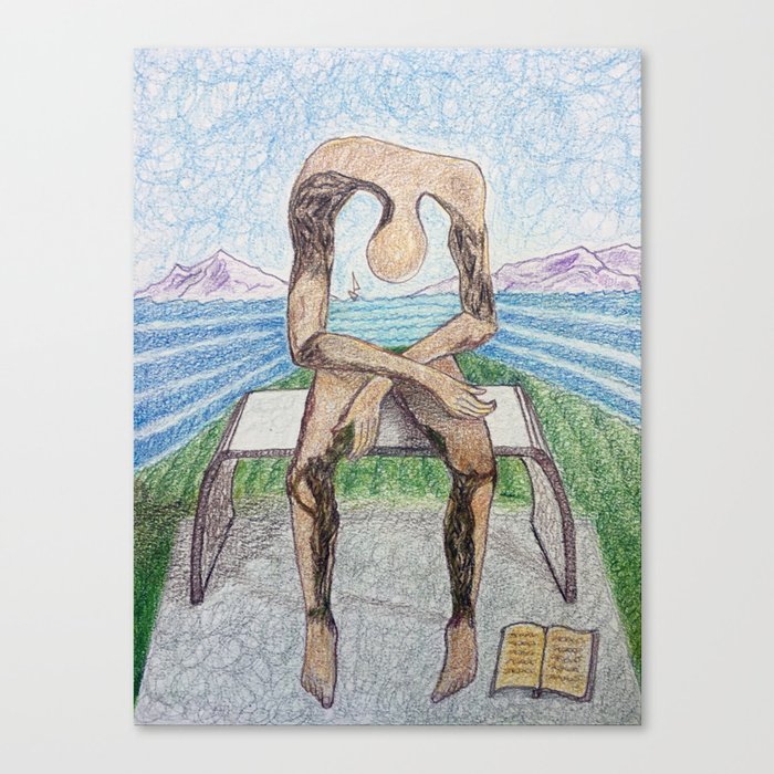 spin-off art: melancholy sculpture with a dropped open book and sea view Canvas Print