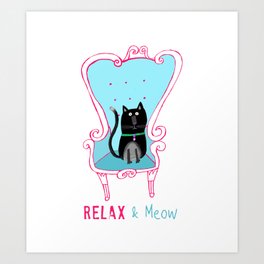 Relax and Meow. Fun Black Cat Relaxes on his Decorative Chair by Children's Artist Carla Daly Art Print