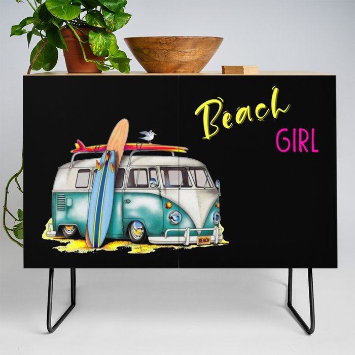 Beach Girl - Retro Van, Surfboard, and Seagull Credenza
