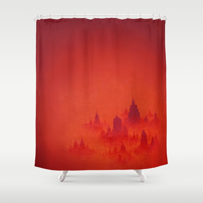 Red City Dusk Archival Giclee Print - Red Modern Art for the Office - Contemporary Wall Art Shower Curtain
