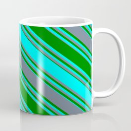 [ Thumbnail: Slate Gray, Green & Cyan Colored Stripes/Lines Pattern Coffee Mug ]