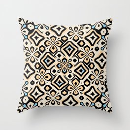 Doodle groovy cream, black, golden and blue abstract floral style Throw Pillow