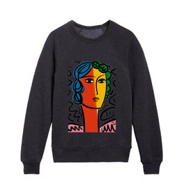 Minimalist Line Art Portrait of a Woman in Blue Red Yellow Green and Pink Kids Crewneck