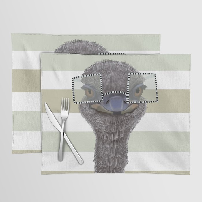 Funny Ostrich with Glasses on Stripe Pattern Placemat