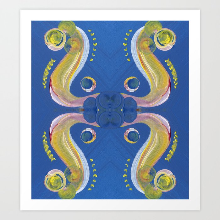 Transitions - Yellow Blue Reflections Open, Vulnerable or Freedom Art Print | Painting, Acrylic, Digital, Art-therapy, Color-therapy, Playful-painting, Passionate-painting, Release-anxiety, Calming-blues, Bloody-reds