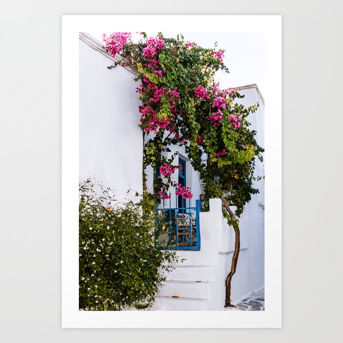 Traditional Greek Street Scenery | Blue Door and Pink Flowers | Island Life | Travel Photography in Europe Art Print