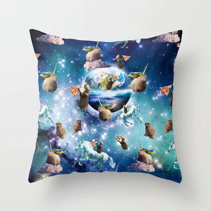 Space Capybara Galaxy Capybaras With Pizza Unicorn Throw Pillow