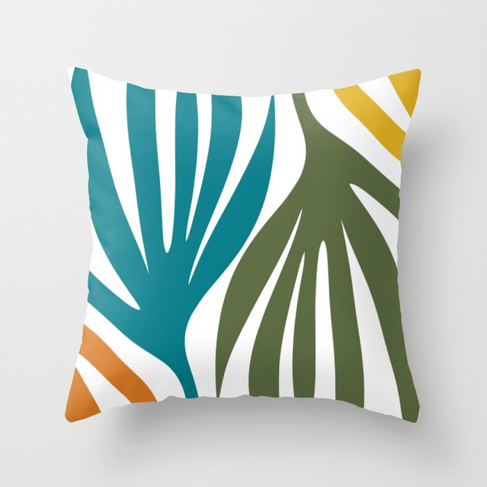 Maldives Abstract Botanical Pattern in Moroccan Teal, Olive Green, Orange, Mustard, and White Throw Pillow