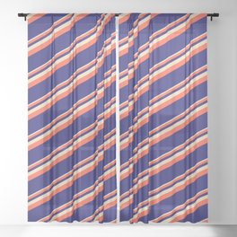 [ Thumbnail: Tan, Red, and Midnight Blue Colored Lined Pattern Sheer Curtain ]