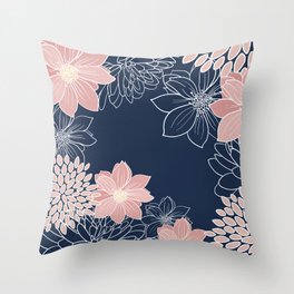Festive, Floral Prints and Line Art, Navy Blue and Pink Throw Pillow