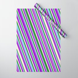 [ Thumbnail: Eye-catching Forest Green, Sky Blue, Orchid, Dark Violet, and Beige Colored Striped/Lined Pattern Wrapping Paper ]