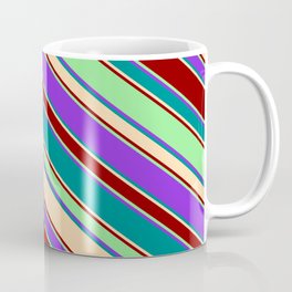 [ Thumbnail: Purple, Dark Cyan, Tan, Dark Red, and Light Green Colored Striped/Lined Pattern Coffee Mug ]
