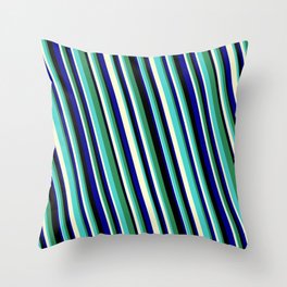 [ Thumbnail: Eyecatching Sea Green, Turquoise, Light Yellow, Dark Blue, and Black Colored Stripes/Lines Pattern Throw Pillow ]