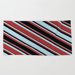 [ Thumbnail: Light Blue, Brown, and Black Colored Stripes/Lines Pattern Beach Towel ]