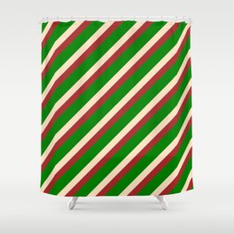 [ Thumbnail: Brown, Green & Bisque Colored Stripes Pattern Shower Curtain ]