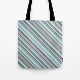 [ Thumbnail: Dark Grey, Powder Blue & Grey Colored Lined Pattern Tote Bag ]