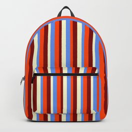 [ Thumbnail: Cornflower Blue, Red, Maroon & Light Yellow Colored Striped Pattern Backpack ]