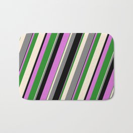 [ Thumbnail: Vibrant Beige, Gray, Black, Orchid & Forest Green Colored Stripes Pattern Bath Mat ]