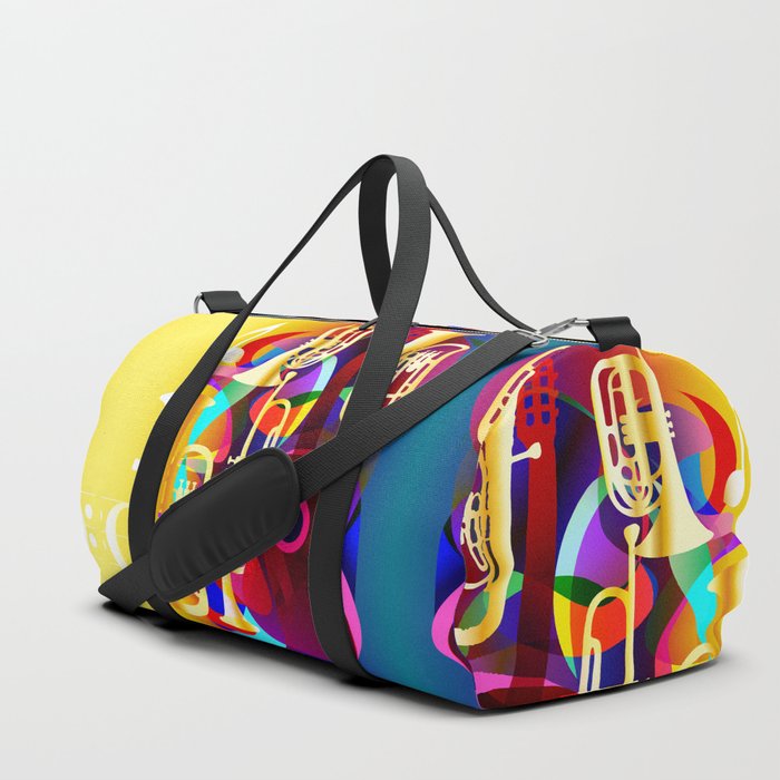 Colorful music instruments with guitar trumpet musical notes bass clef and abstract decor Duffle Bag