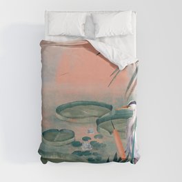 Blue Heron Duvet Cover | Fauna, Chill, Lilly, Sunset, Victoria, Pond, Flora, Floral, Heron, Painting 