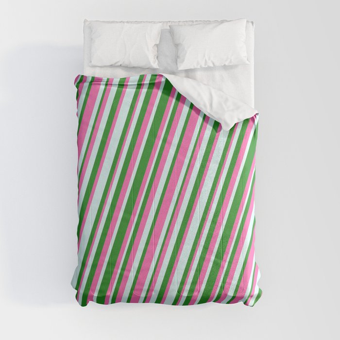 Forest Green, Hot Pink, and Light Cyan Colored Stripes/Lines Pattern Comforter
