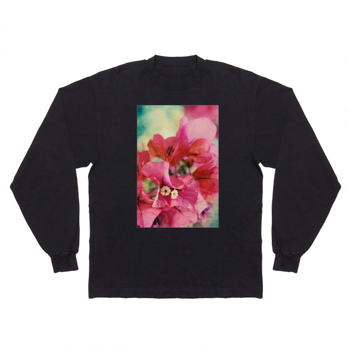 Vintage Bougainvillea Flowers in pink & green with textures Long Sleeve T Shirt
