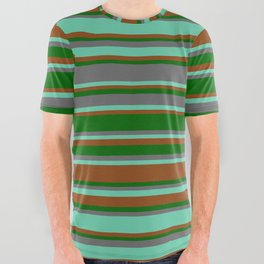 [ Thumbnail: Brown, Dark Green, Dim Grey & Aquamarine Colored Lined/Striped Pattern All Over Graphic Tee ]