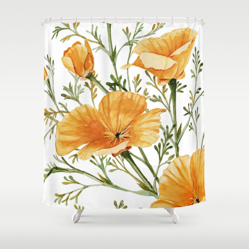 California Poppies Watercolor Painting Shower Curtain By