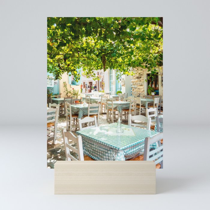 Greek Restaurant | Dinner in the Mediterranean |  Summer and Travel Photography | Happy Colorful vibes Mini Art Print