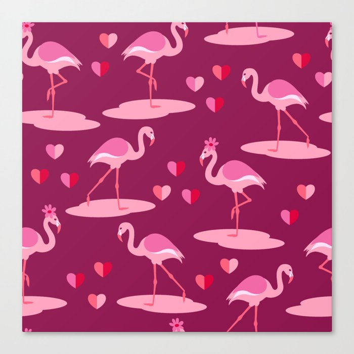 Valentine's Flamingos in love burgundy pattern Canvas Print