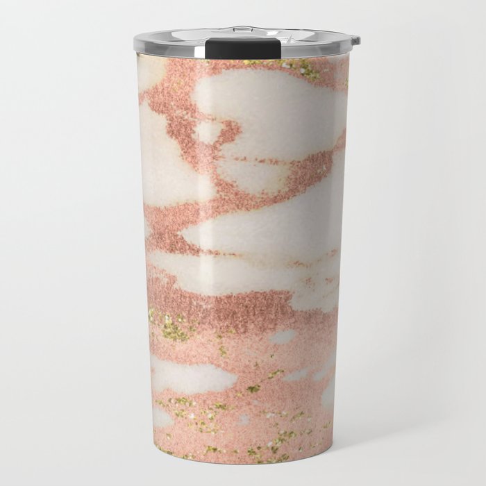 Marble - Rose Gold Shimmer Marble with Yellow Gold Glitter Travel Mug