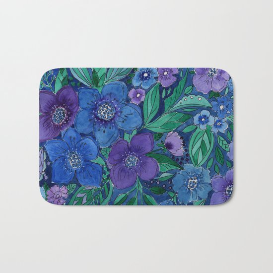 Watercolor . Blue flowers . Bath Mat