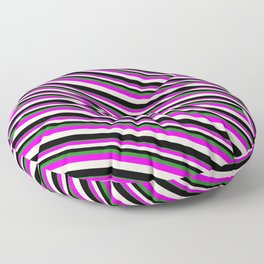 [ Thumbnail: Forest Green, Fuchsia, Beige, and Black Colored Lined/Striped Pattern Floor Pillow ]