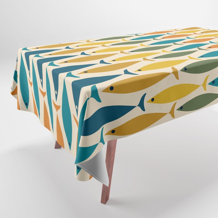 Mid-Century Modern Fish Stripes in Moroccan Teal, Green, Orange, Mustard, and Cream Tablecloth