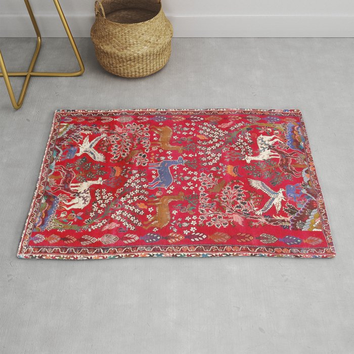 Floral Persian Rug Print With Birds And Animals Rug