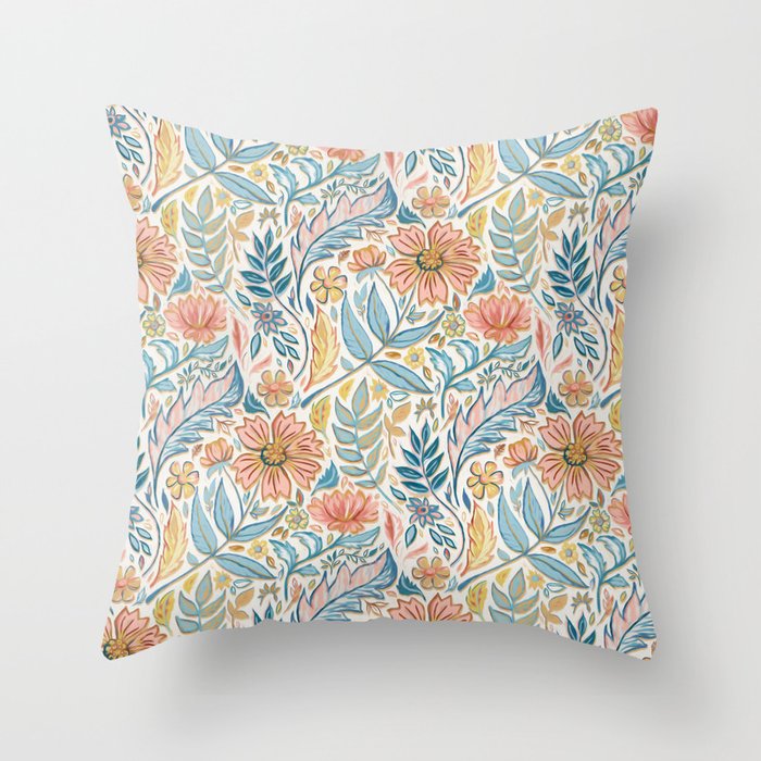 Soft Peach and Blue Art Nouveau Floral Throw Pillow