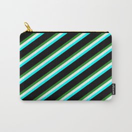 [ Thumbnail: Forest Green, Mint Cream, Cyan & Black Colored Striped Pattern Carry-All Pouch ]
