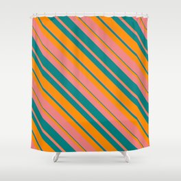 [ Thumbnail: Light Coral, Teal & Dark Orange Colored Striped Pattern Shower Curtain ]