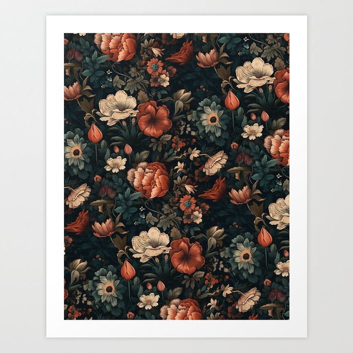 Vintage Aesthetic Beautiful Flowers, Nature Art, Dark Cottagecore Plant Collage - Flower Art Print