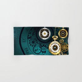 Clock with Gears on Green Background ( Steampunk ) Hand & Bath Towel