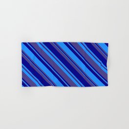 [ Thumbnail: Dark Slate Blue, Dark Blue & Blue Colored Stripes Pattern Hand & Bath Towel ]