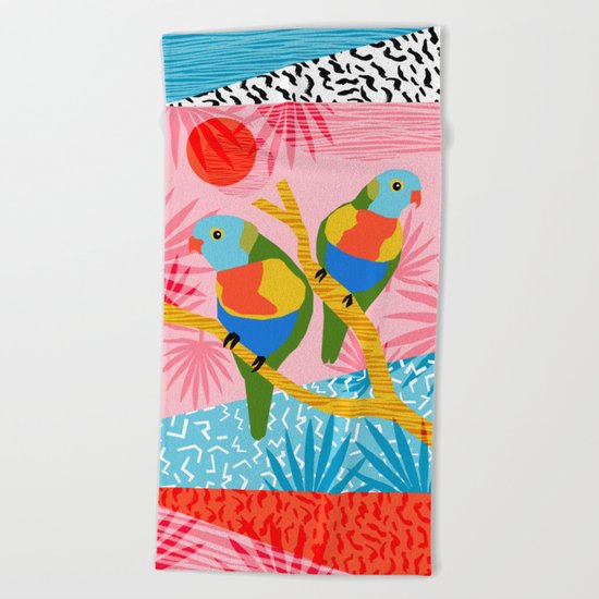 Besties - retro throwback memphis bird art pattern bright neon pop art abstract 1980s 80s style mini Beach Towel