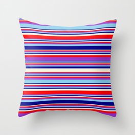 [ Thumbnail: Eye-catching Beige, Red, Dark Orchid, Sky Blue, and Dark Blue Colored Stripes/Lines Pattern Throw Pillow ]