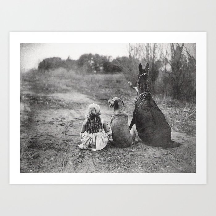 A Girl, Her Dog, and Her Horse wonderful black and white photograph - photography Art Print