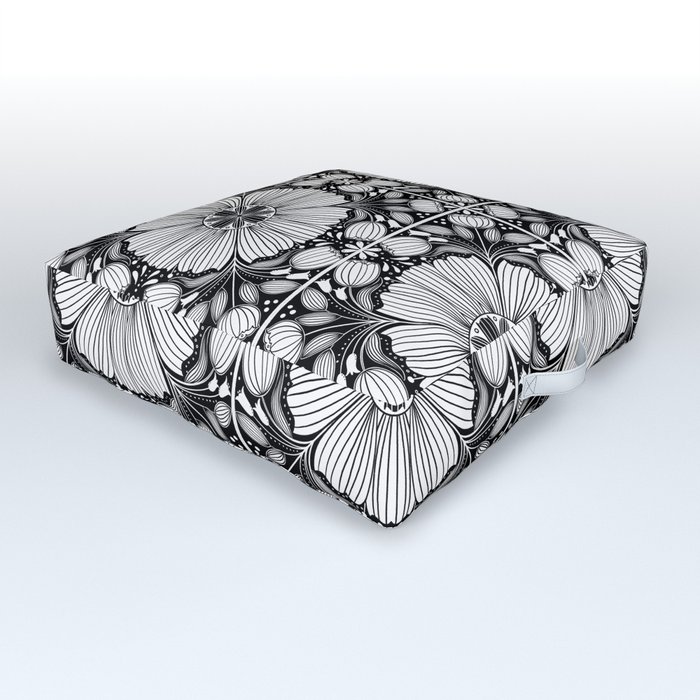 Vintage Floral Tile in black and white Outdoor Floor Cushion
