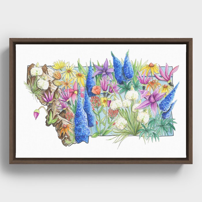 Montana - Floral Watercolor - State of Montana - Mountain Art - Montana Flowers - Rocky Mountains Framed Canvas