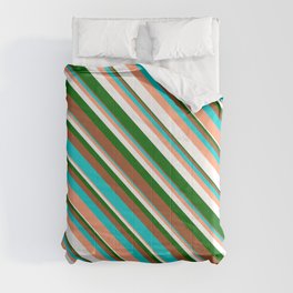 [ Thumbnail: Eyecatching Dark Green, Sienna, Dark Turquoise, Light Salmon & White Colored Stripes Pattern Comforter ]
