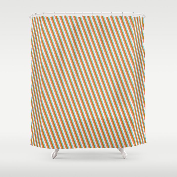Dark Goldenrod, Salmon, Beige & Sky Blue Colored Striped/Lined Pattern Shower Curtain