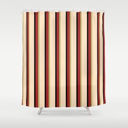 [ Thumbnail: Brown, Dark Khaki, Bisque, and Black Colored Lined/Striped Pattern Shower Curtain ]