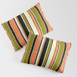 [ Thumbnail: Beige, Green, Coral & Black Colored Stripes Pattern Pillow Sham ]